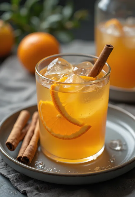 Refreshing rum orange juice in a glass with ice and orange slice