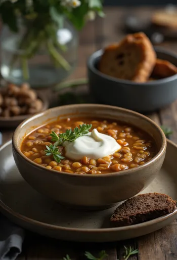 Sour cream lentil soup served