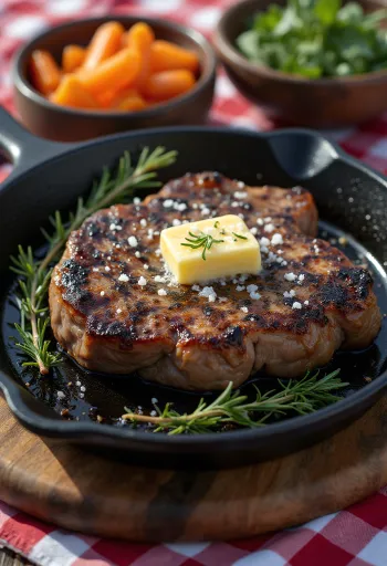 Yak steak served with roasted vegetables and fresh rosemary