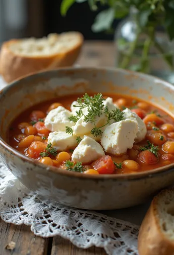 Fasolada with Feta, bean soup served with fresh olive oil