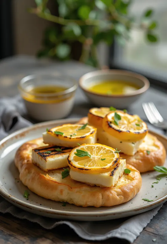 Focaccia with grilled Halloumi and lemon served