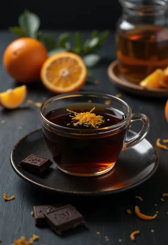 Orange and chocolate tea with fragrant steam, garnished with orange slice