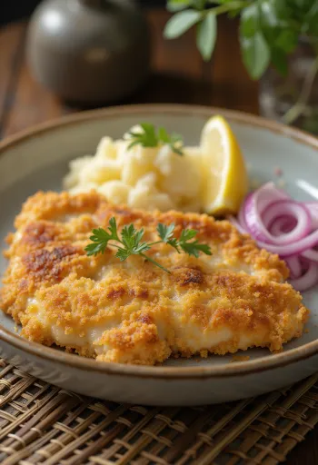 Pork schnitzel with potato salad served on a plate.