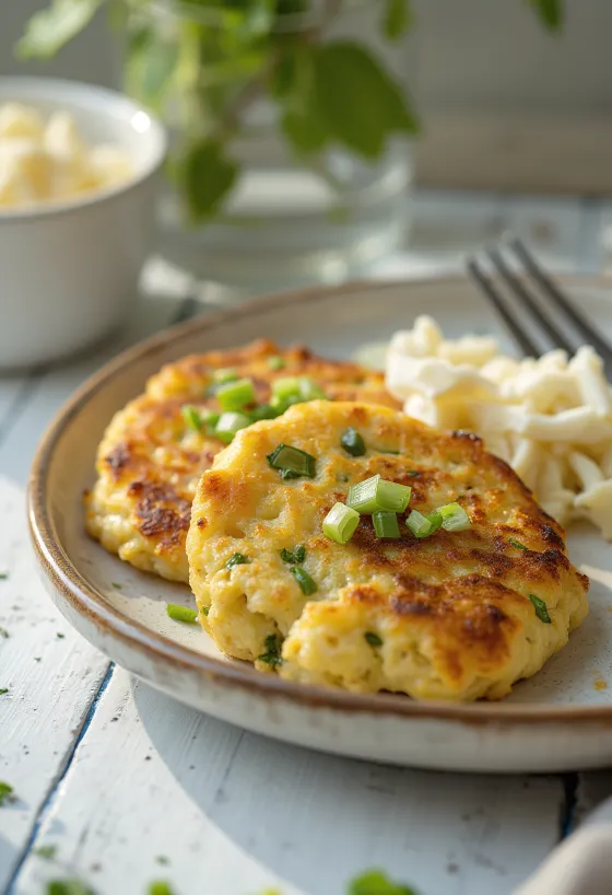 Prebiotic leek and curd cheese fritters golden brown, served