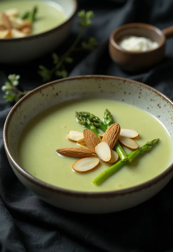 Asparagus cream soup with almond milk served