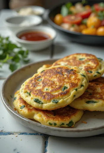 Spinach hotteok fried golden brown, beautifully shaped dough