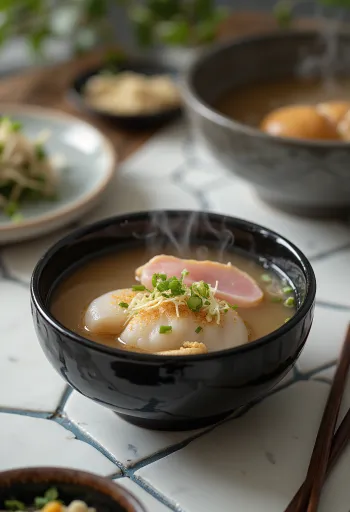 Zoni with kamaboko, a Japanese soup with mochi rice, fish cake and fresh coriander