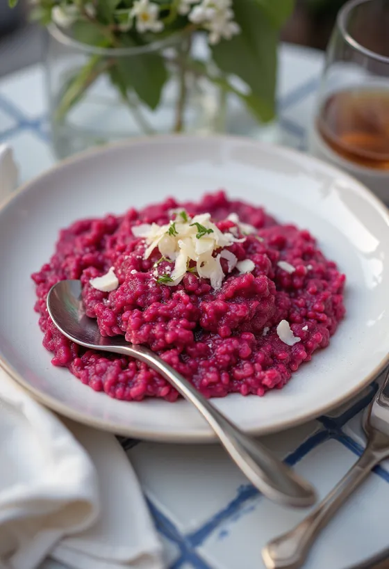 Beetroot risotto, creamy texture, served with fresh parsley and vegan parmesan.