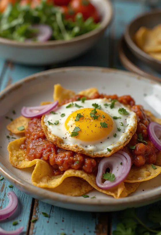 Chilaquiles con salsa guajillo served with fresh coriander and egg
