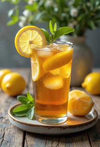 Lemon iced tea with lemon slices and ice cubes