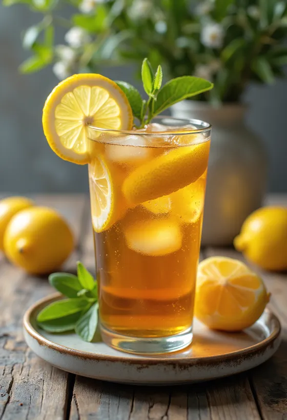 Lemon iced tea with lemon slices and ice cubes
