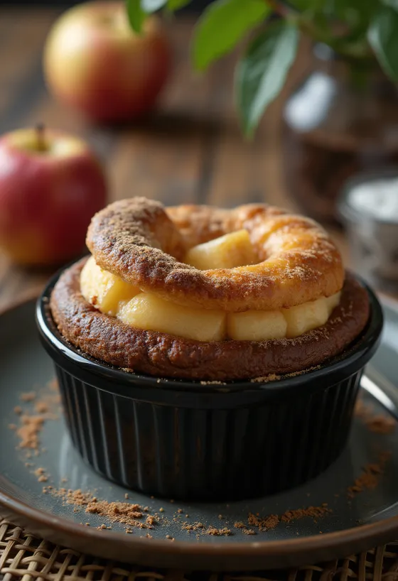 Cinnamon and apple chocolate soufflé served