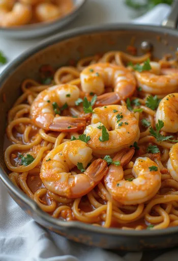Fideuà amb Gambes, served with prawns and rich tomato sauce, Spanish dish