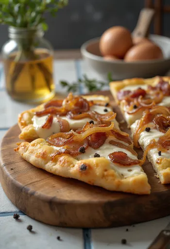 Flammkuchen with sour cream, onion and bacon