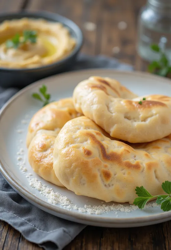 Gluten-free pitta bread baked golden brown, served on rustic board