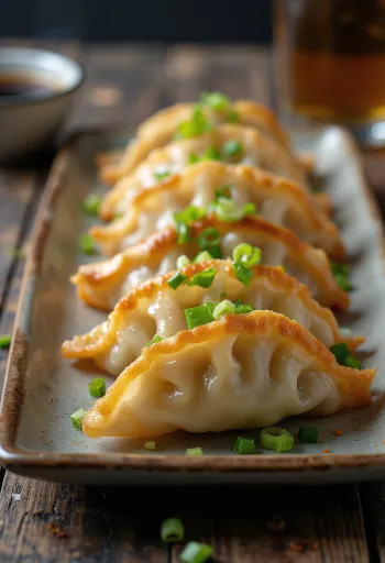 Garlic gyoza served with meat filling, crispy bottom and golden brown colour.