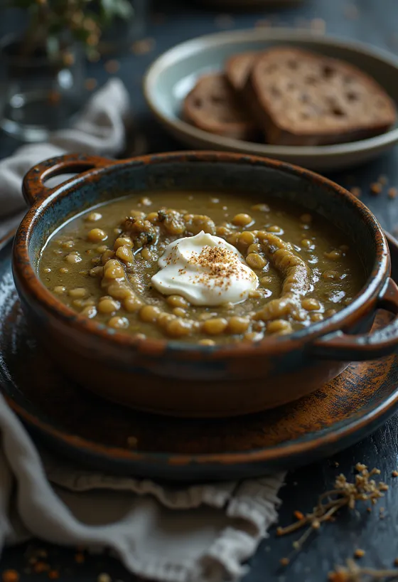 Creamy lentil stew sprinkled with fresh parsley, served with fried egg and toasted sausage slices.
