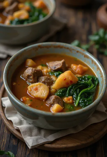Ogbono Soup with palm oil, rich spicy soup with meats and fresh spinach