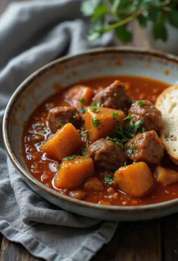 Ostrich stew served with fresh bread.
