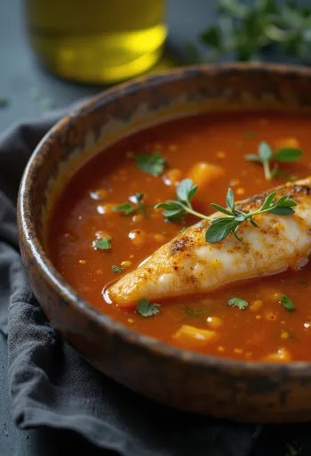 Psarosoupa enriched with olive oil, rich fish soup served with fresh olive oil and lemon juice