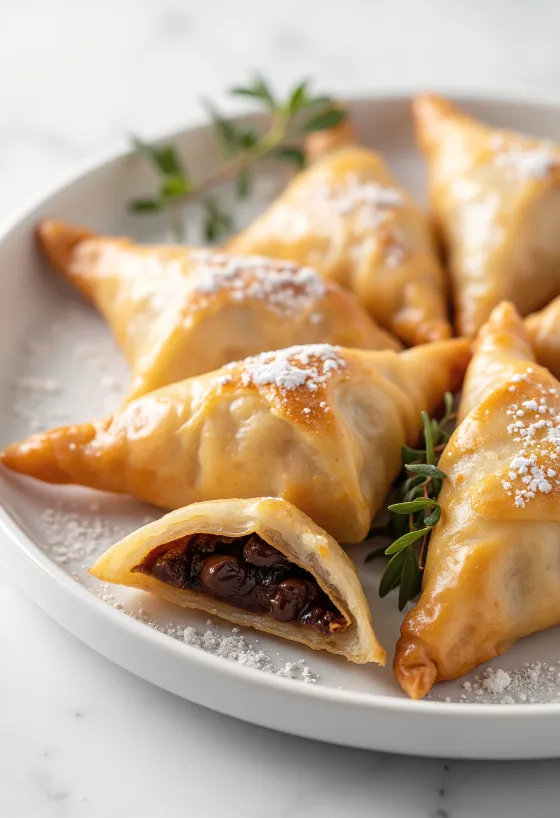 Chocolate samosa, fried golden brown with filling inside