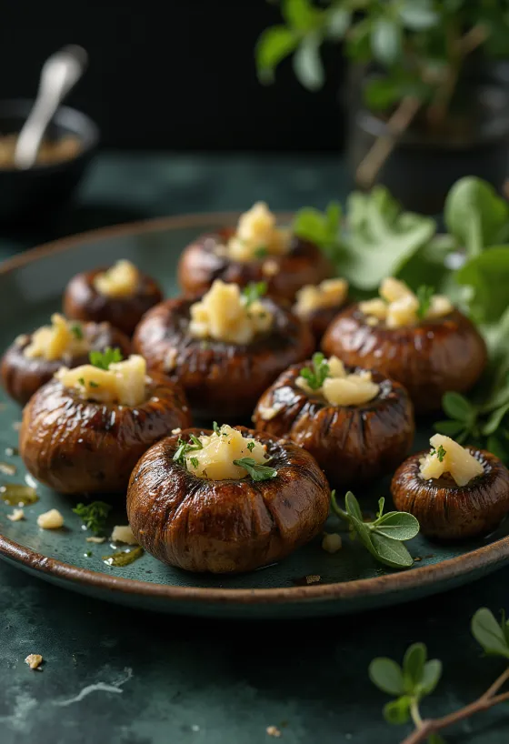 Crispy roasted mushroom heads seasoned with herbs and garlic, served on a white plate
