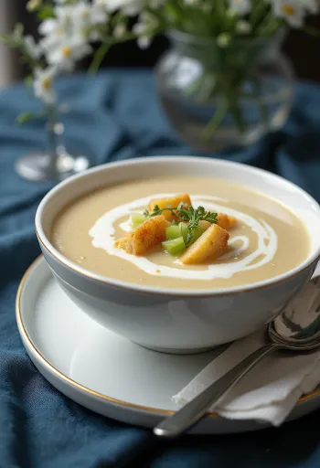 Creamy celeriac soup garnished with fresh parsley.