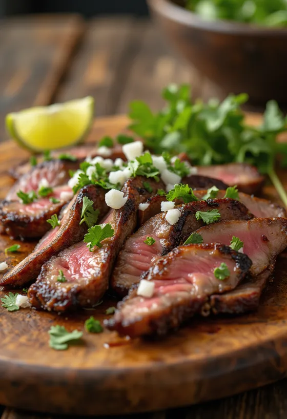 Carne asada served with tortilla and salad