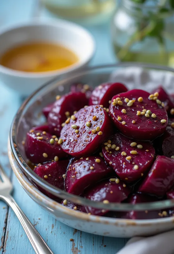 Beetroot salad served with fresh vegetables and balsamic dressing