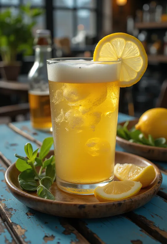 Lemon beer served with lemon slice and ice