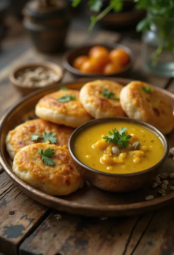 Rajasthani Dal Baati, served with toor dal, basmati rice, toasted pumpkin seeds and fresh coriander