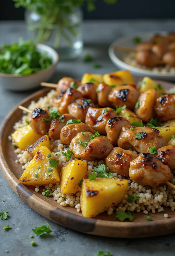 Sweet and Sour Kebab Variations with grilled meat, pineapple and yoghurt sauce