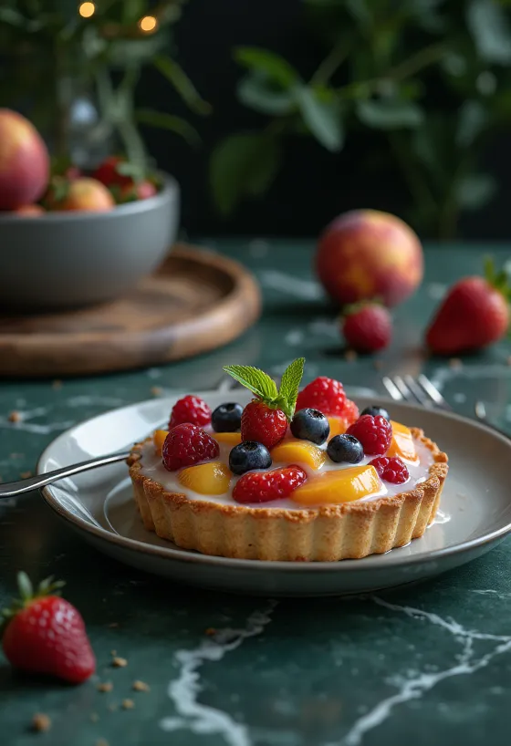 Fresh fruit flan slices decorated with fruit