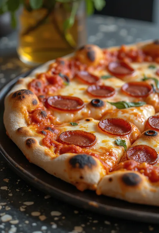 Smoked cheese and pepperoni pizza freshly baked