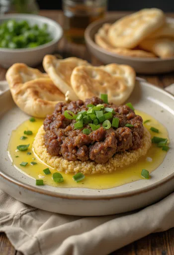 Kibbeh Nayyeh served with fresh pita bread and pomegranate seeds