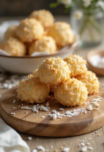 Coconut biscuits in golden brown colour, garnished with desiccated coconut