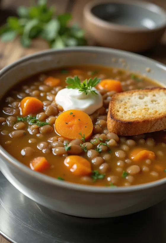 Traditional lentil soup flavoured with carrots, potatoes, and bay leaf, ready to serve