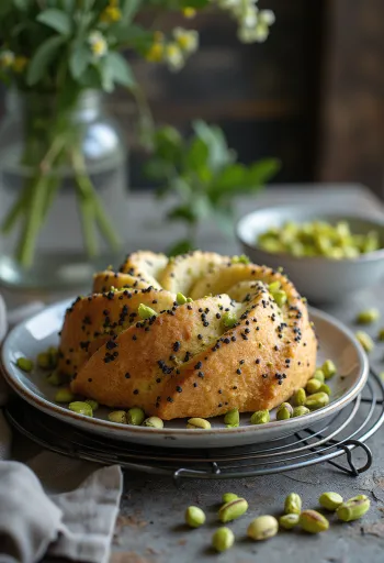 Pistachio and poppy seed cake served