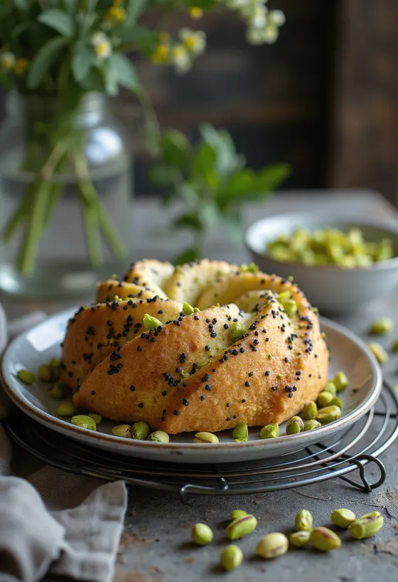Pistachio and poppy seed cake served
