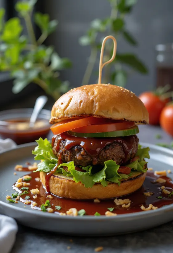 Vegan BBQ burger with fresh vegetables