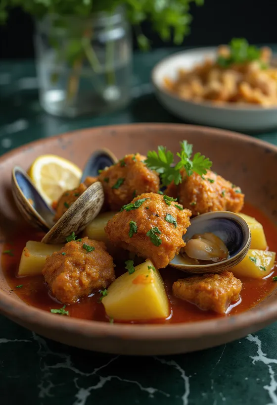 Carne de porco à Alentejana Portuguese dish served