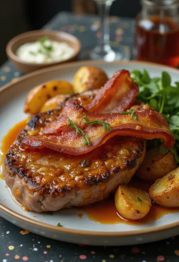 Cigánypecsenye with crispy bacon strips and fresh vegetables