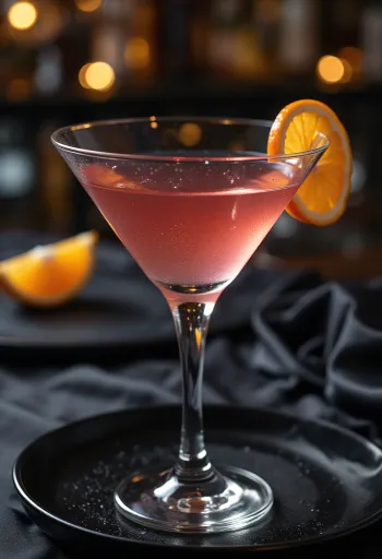 Cosmopolitan cocktail decorated with orange peel