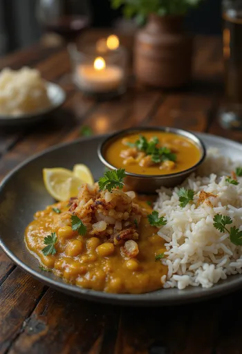 Dal Bhat served with rich spicy lentils, rice, and fresh coriander