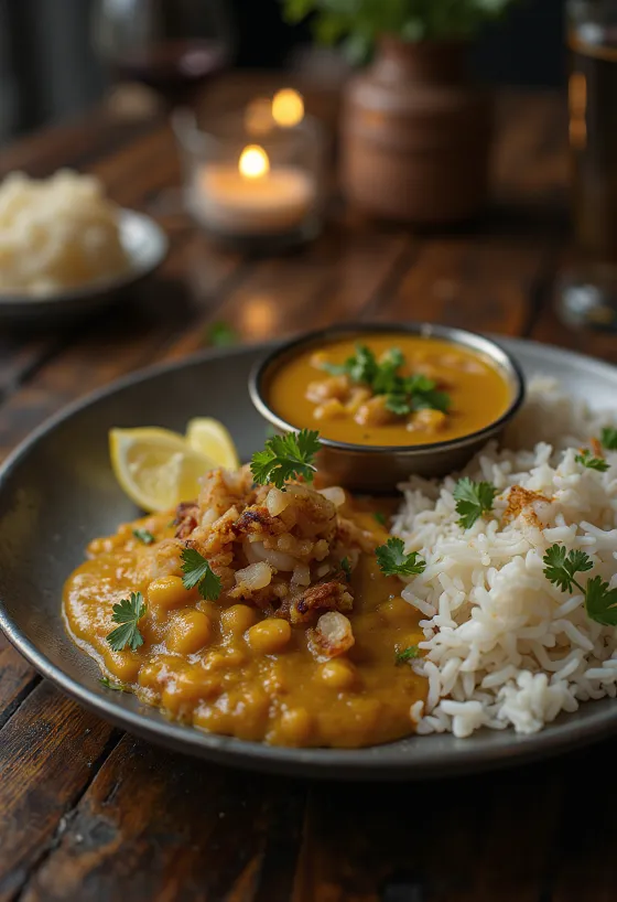 Dal Bhat served with rich spicy lentils, rice, and fresh coriander