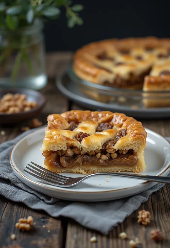 Walnut pie with golden brown pastry and walnut filling