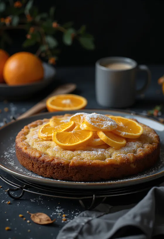 Spiced orange cake served with icing sugar and orange zest