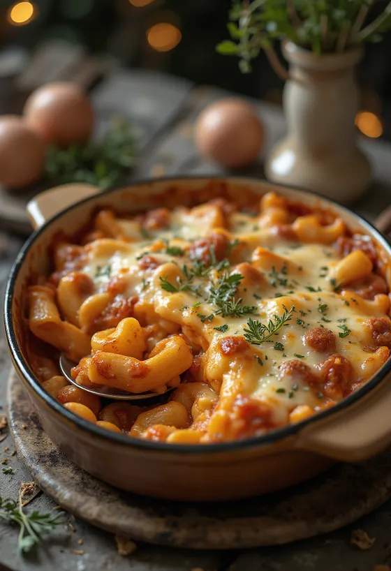 Meat pasta bake with juicy minced meat and melted cheese on top