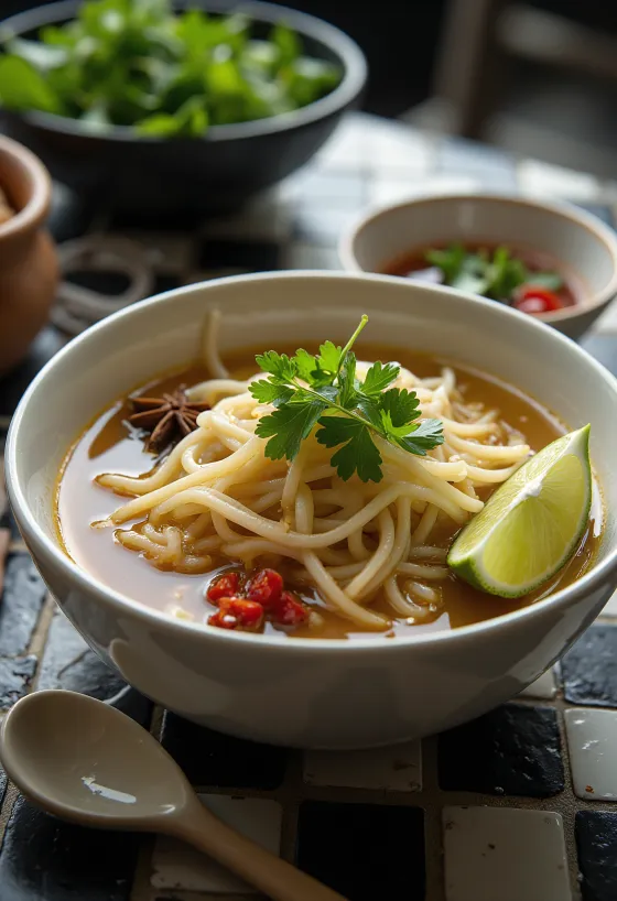 Sweet and Sour Pho served in a bowl with rice noodles, fresh coriander and lime slices
