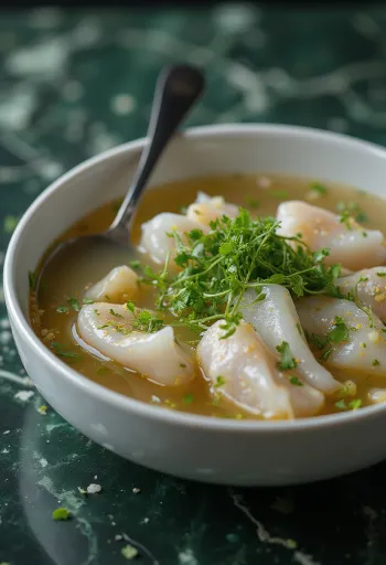Psarosoupa sprinkled with parsley, rich fish soup served with fresh olive oil and lemon juice